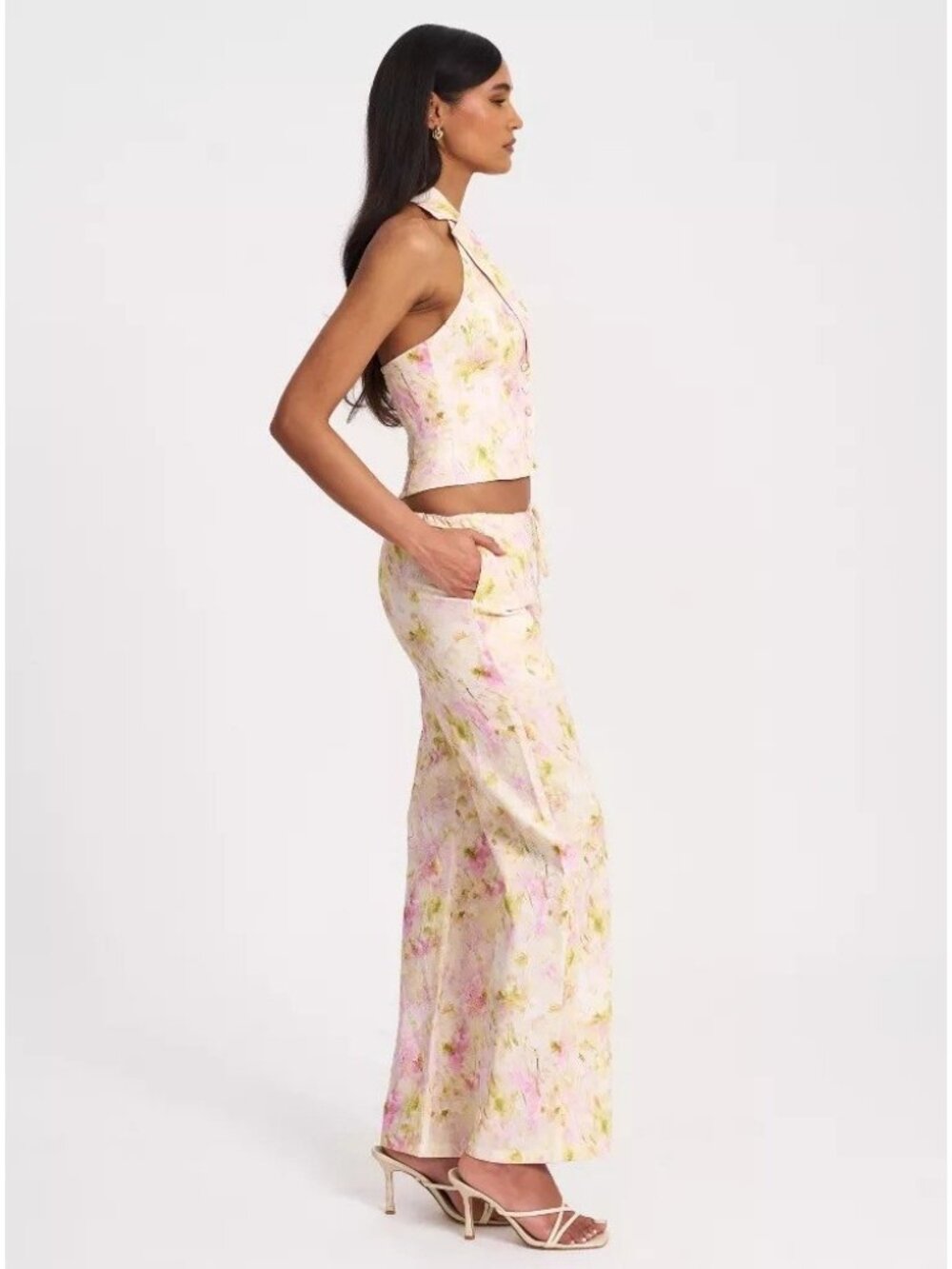 Miss Circle Pink Floral Linen Blend High Rise Drawstring Pants -- Sz Small READ - Picture 3 of 10